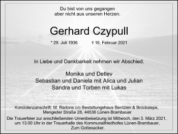 Traueranzeige von Gerhard Czypull von WVW Anzeigenblätter