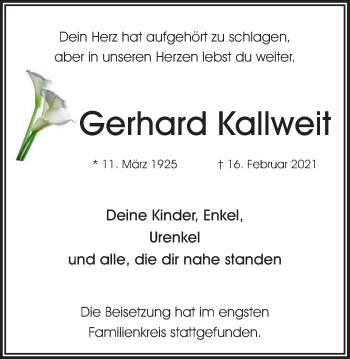 Traueranzeige von Gerhard Kallweit von WVW Anzeigenblätter