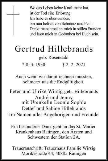 Traueranzeige von Gertrud Hillebrands von WVW Anzeigenblätter