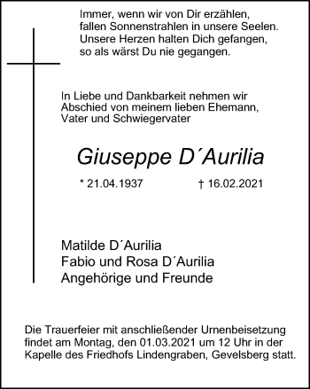 Traueranzeige von Giuseppe D´Aurilia von WVW Anzeigenblätter