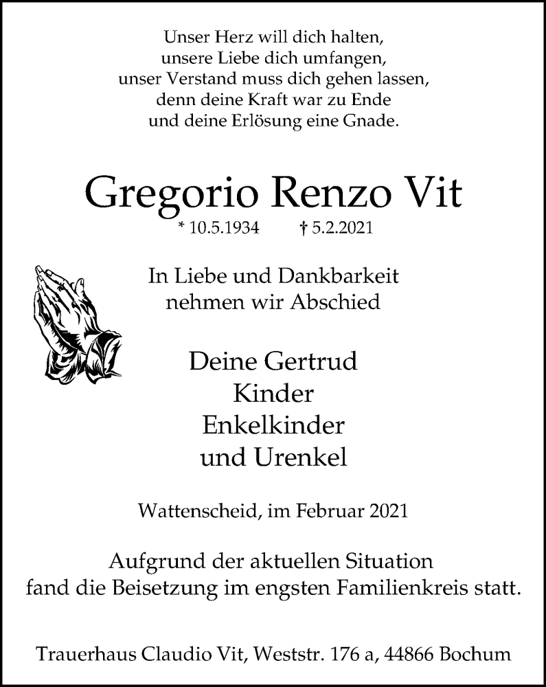  Traueranzeige für Gregorio Renzo Vit vom 27.02.2021 aus WVW Anzeigenblätter