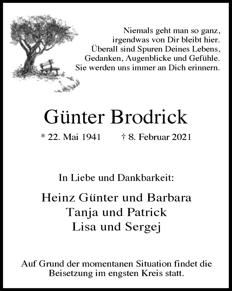  Traueranzeige für Günter Brodrick vom 13.02.2021 aus WVW Anzeigenblätter