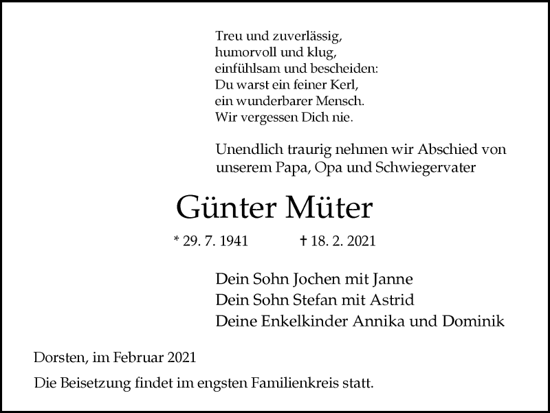  Traueranzeige für Günter Müter vom 27.02.2021 aus WVW Anzeigenblätter