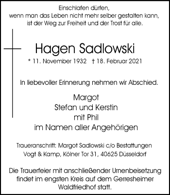 Traueranzeige von Hagen Sadlowski von WVW Anzeigenblätter