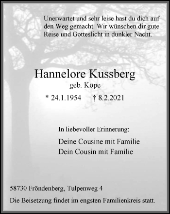 Traueranzeige von Hannelore Kussberg von WVW Anzeigenblätter