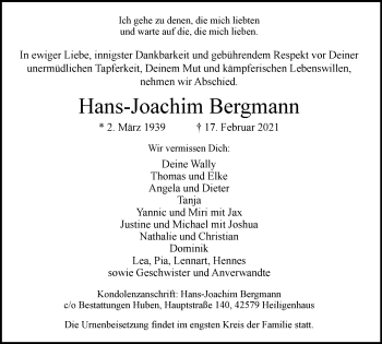 Traueranzeige von Hans-Joachim Bergmann von WVW Anzeigenblätter