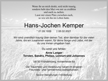 Traueranzeige von Hans-Jochen Kemper von WVW Anzeigenblätter
