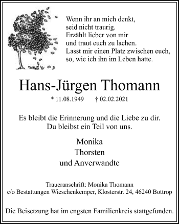 Traueranzeige von Hans-Jürgen Thomann von WVW Anzeigenblätter