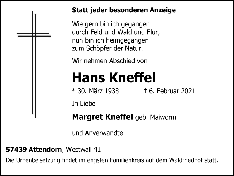  Traueranzeige für Hans Kneffel vom 13.02.2021 aus WVW Anzeigenblätter