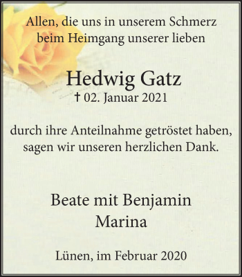 Traueranzeige von Hedwig Gatz von WVW Anzeigenblätter