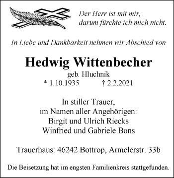 Traueranzeige von Hedwig Wittenbecher von WVW Anzeigenblätter