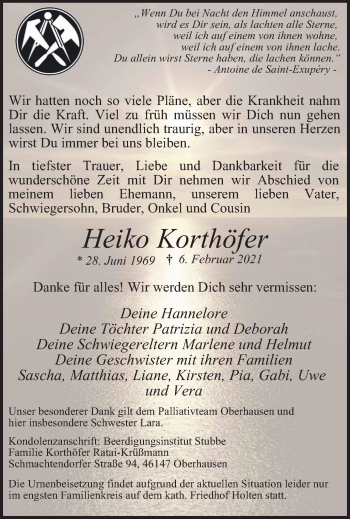 Traueranzeige von Heiko Korthöfer von WVW Anzeigenblätter
