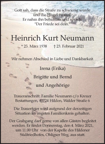 Traueranzeige von Heinrich Kurt Neumann von WVW Anzeigenblätter