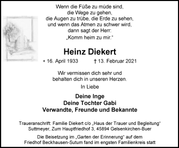 Traueranzeige von Heinz Diekert von WVW Anzeigenblätter