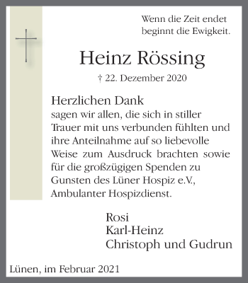 Traueranzeige von Heinz Rössing von WVW Anzeigenblätter