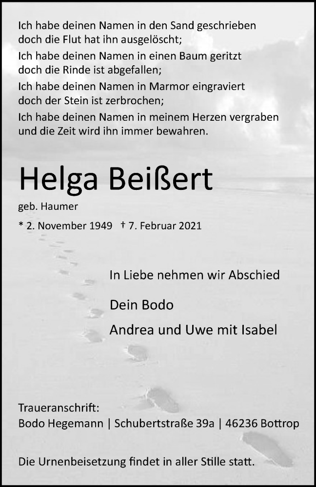  Traueranzeige für Helga Beißert vom 17.02.2021 aus WVW Anzeigenblätter