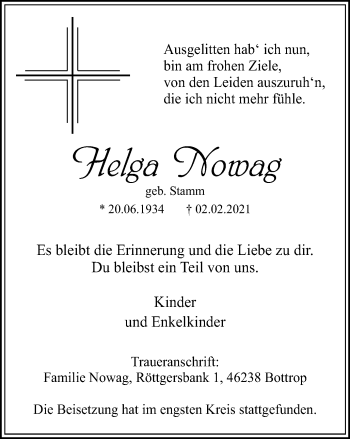 Traueranzeige von Helga Nowag von WVW Anzeigenblätter