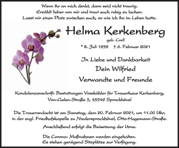Traueranzeige von Helma Kerkenberg von WVW Anzeigenblätter