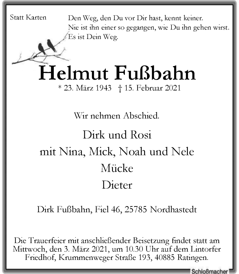  Traueranzeige für Helmut Fußbahn vom 18.02.2021 aus WVW Anzeigenblätter