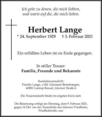 Traueranzeige von Herbert Lange von WVW Anzeigenblätter