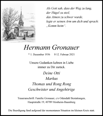 Traueranzeige von Hermann Gronauer von WVW Anzeigenblätter