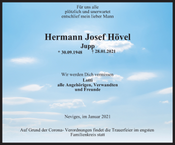 Traueranzeige von Hermann Josef Hövel von WVW Anzeigenblätter