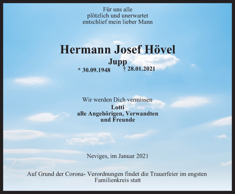  Traueranzeige für Hermann Josef Hövel vom 06.02.2021 aus WVW Anzeigenblätter