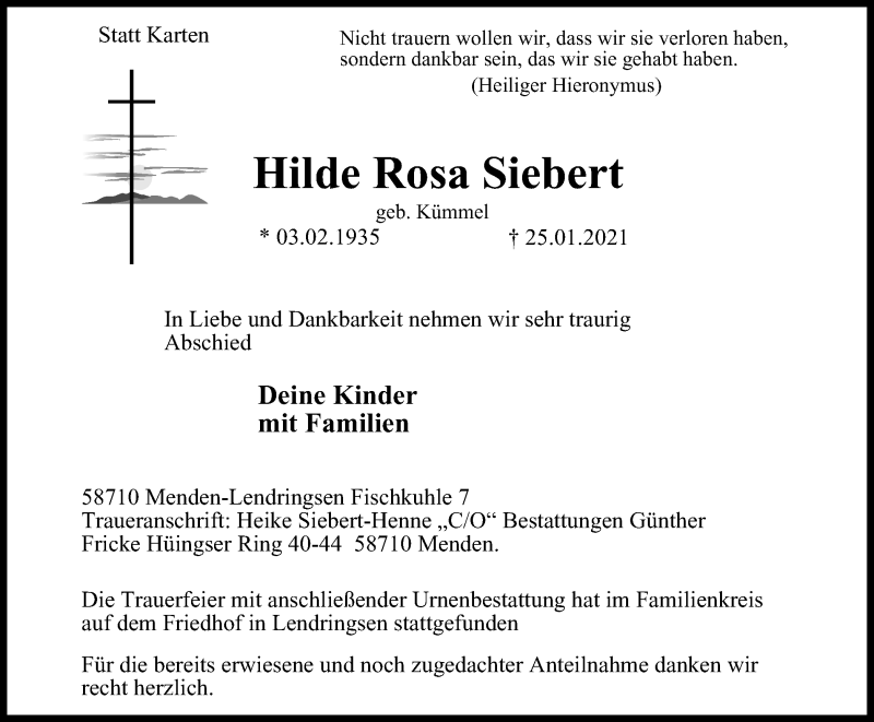  Traueranzeige für Hilde Rosa Siebert vom 06.02.2021 aus WVW Anzeigenblätter