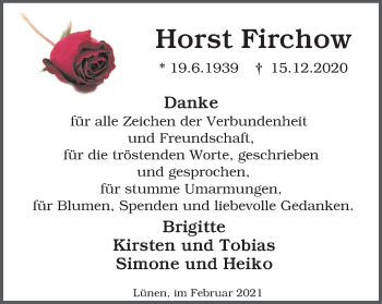 Traueranzeige von Horst Firchow von WVW Anzeigenblätter