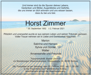 Traueranzeige von Horst Zimmer von WVW Anzeigenblätter