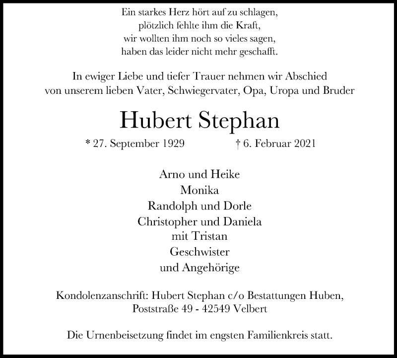  Traueranzeige für Hubert Stephan vom 20.02.2021 aus WVW Anzeigenblätter