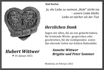 Traueranzeige von Hubert Wittwer von WVW Anzeigenblätter