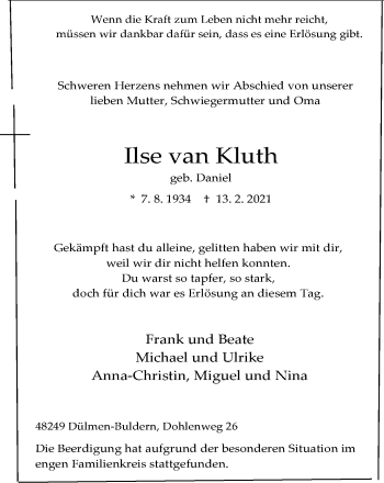 Traueranzeige von Ilse van Kluth von WVW Anzeigenblätter