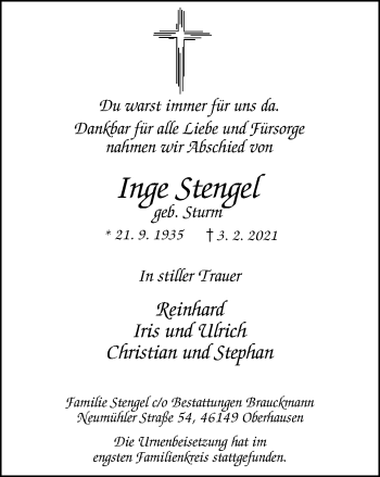 Traueranzeige von Inge Stengel von WVW Anzeigenblätter