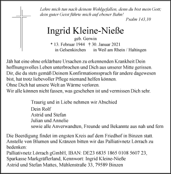 Traueranzeige von Ingrid Kleine-Nieße von WVW Anzeigenblätter
