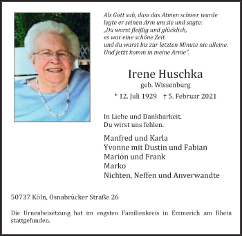 Traueranzeige von Irene Huschka von WVW Anzeigenblätter