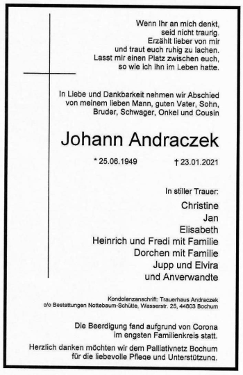 Traueranzeige von Johann Andraczek von WVW Anzeigenblätter
