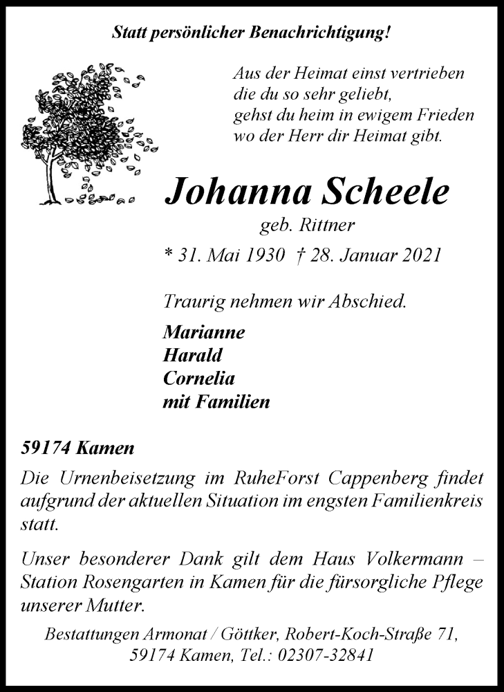  Traueranzeige für Johanna Scheele vom 03.02.2021 aus WVW Anzeigenblätter