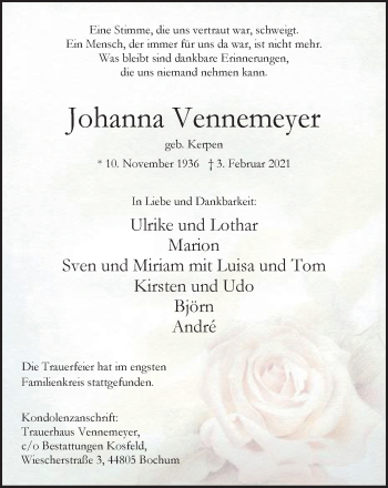 Traueranzeige von Johanna Vennemeyer von WVW Anzeigenblätter