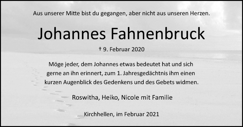  Traueranzeige für Johannes Fahnenbruck vom 13.02.2021 aus WVW Anzeigenblätter