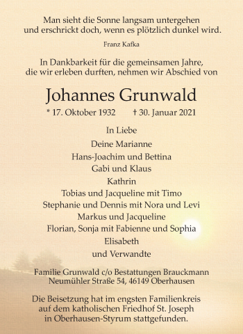 Traueranzeige von Johannes Grunwald von WVW Anzeigenblätter