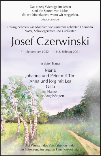 Traueranzeige von Josef Czerwinski von WVW Anzeigenblätter