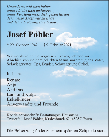 Traueranzeige von Josef Pöhler von WVW Anzeigenblätter