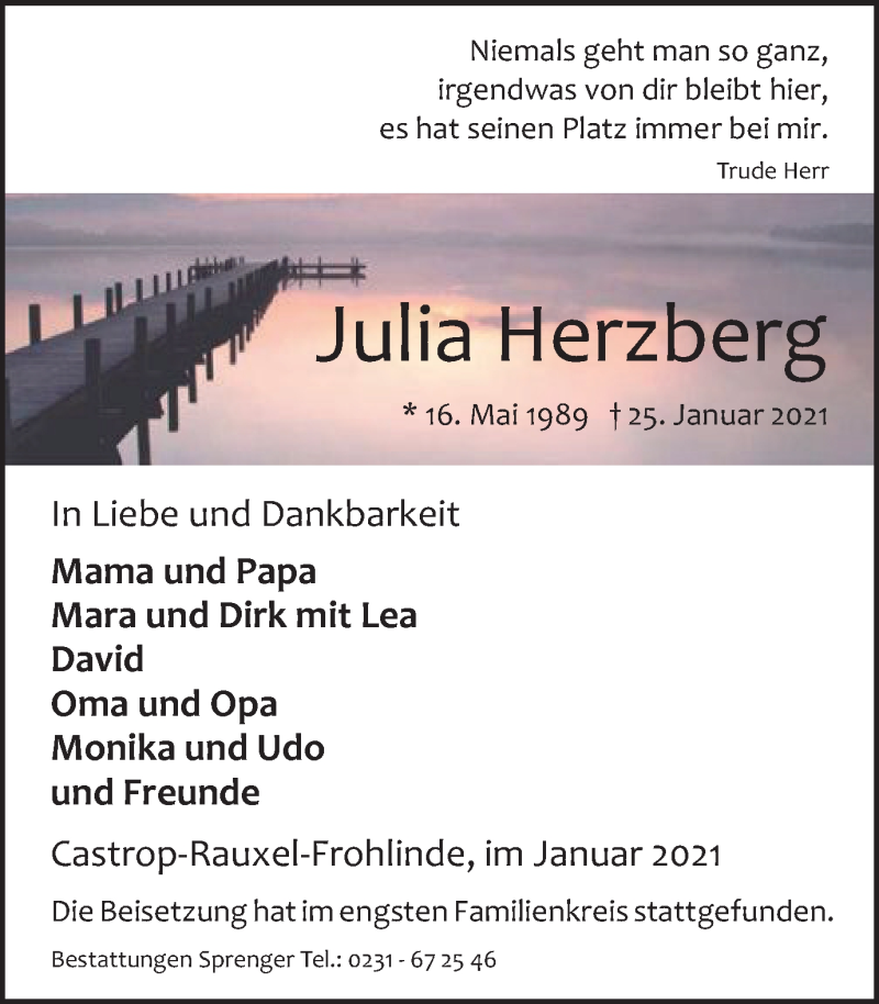  Traueranzeige für Julia Herzberg vom 03.02.2021 aus WVW Anzeigenblätter