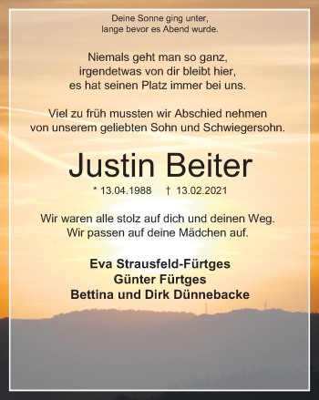 Traueranzeige von Justin Beiter von WVW Anzeigenblätter