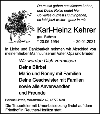 Traueranzeige von Karl-Heinz Rathmer von WVW Anzeigenblätter