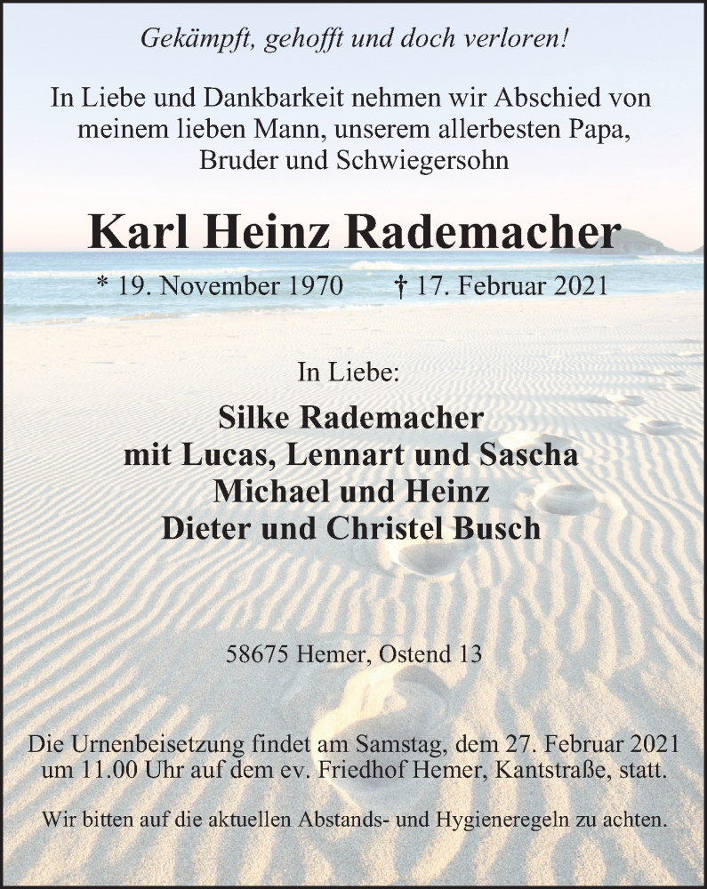  Traueranzeige für Karl Heinz Rademacher vom 24.02.2021 aus WVW Anzeigenblätter