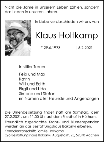 Traueranzeige von Klaus Holtkamp von WVW Anzeigenblätter