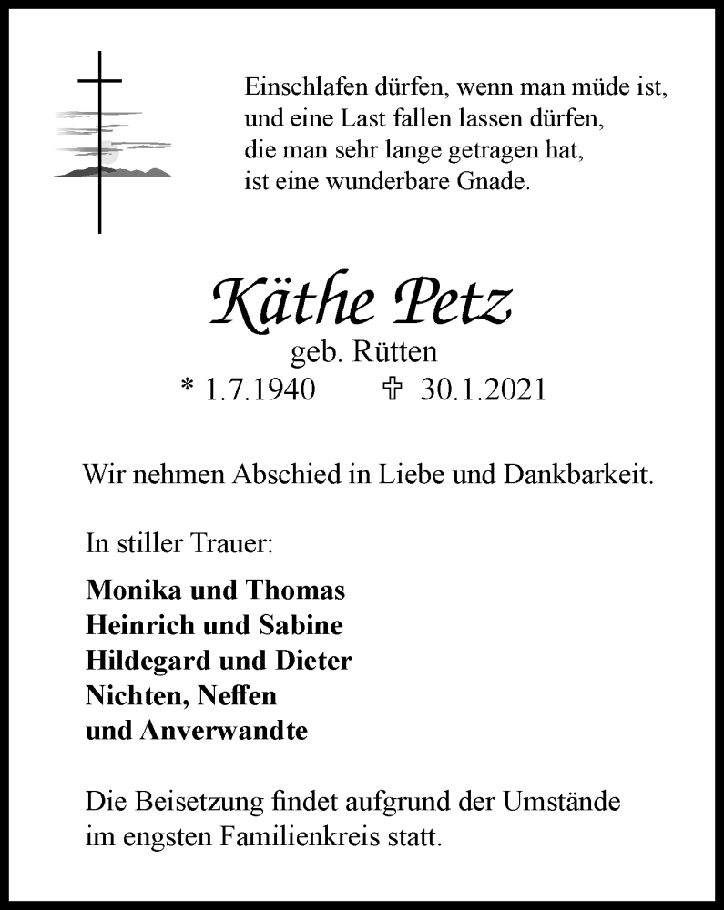  Traueranzeige für Käthe Petz vom 03.02.2021 aus WVW Anzeigenblätter