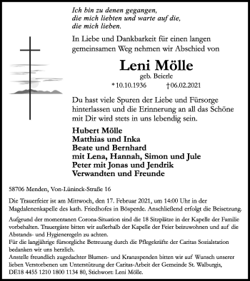 Traueranzeige von Leni Mölle von WVW Anzeigenblätter